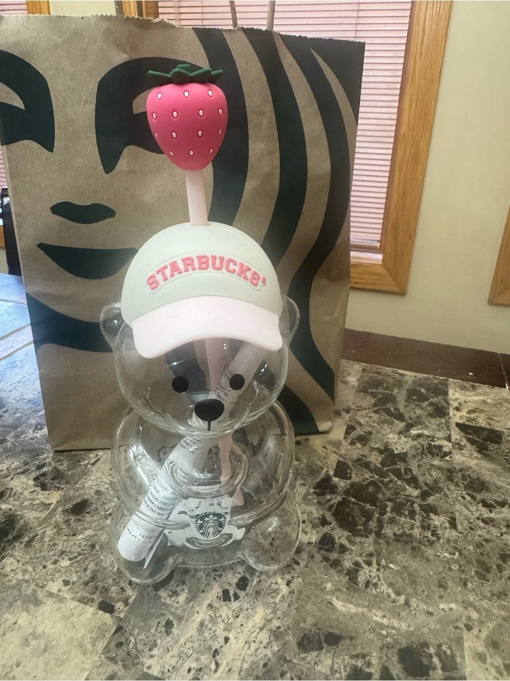 Starbucks Clear Bear Tumbler with Pink Strawberry Lid and Pastel Pink Cap